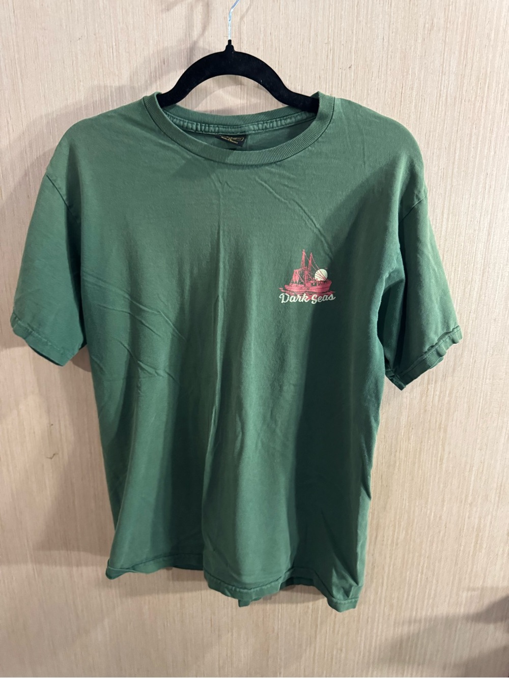 Men’s Dark Seas Green Graphic Tee with Coral Pink Logo Size Medium